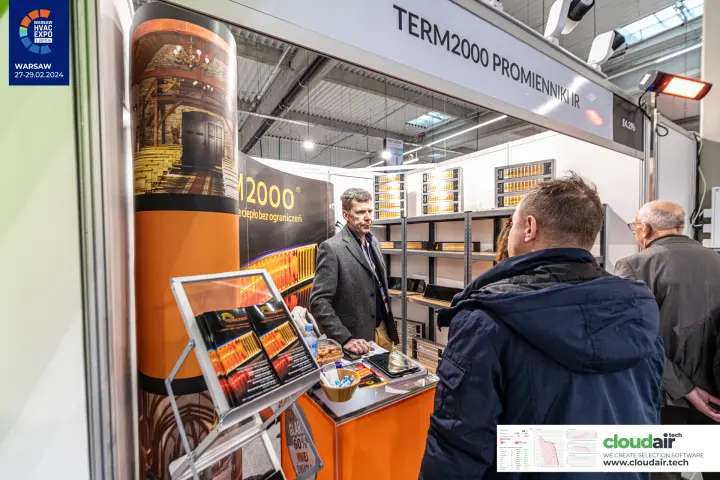Term2000 counter with brochures and a glowing heater on the fascia at Warsaw HVAC Expo 2024