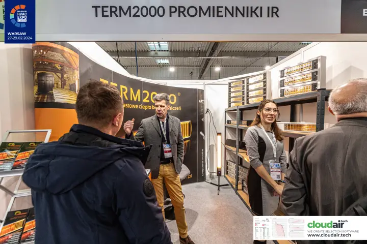 Term2000 stand with shelves of infrared radiant heaters at Warsaw HVAC Expo 2024