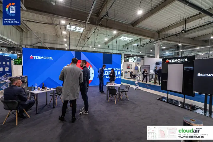 Termofol display panels and a roll of heating film beside the LED wall at Warsaw HVAC Expo 2024