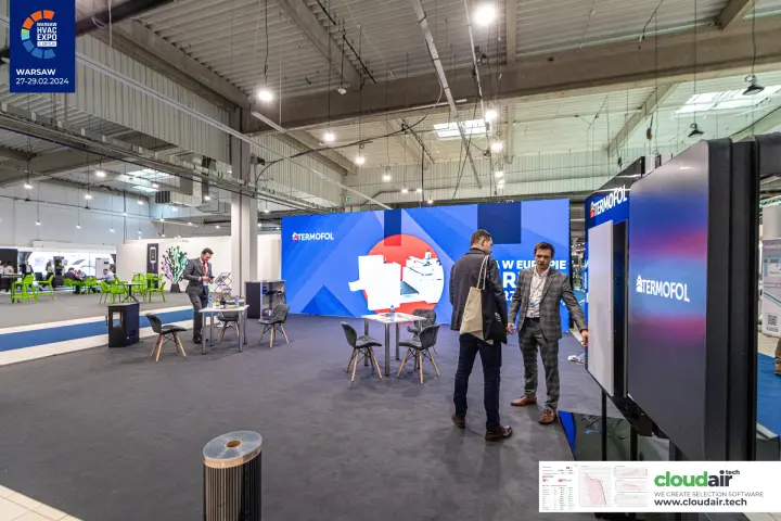 Termofol stand with a blue LED wall and a roll of heating film at Warsaw HVAC Expo 2024