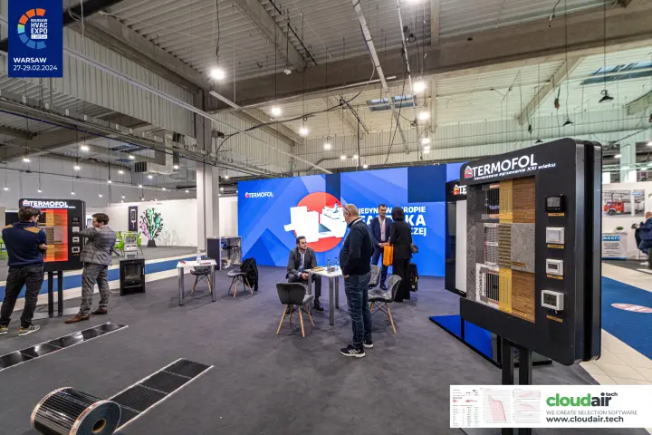Termofol stand with heating film samples, thermostats and a roll on the floor at Warsaw HVAC Expo 2024