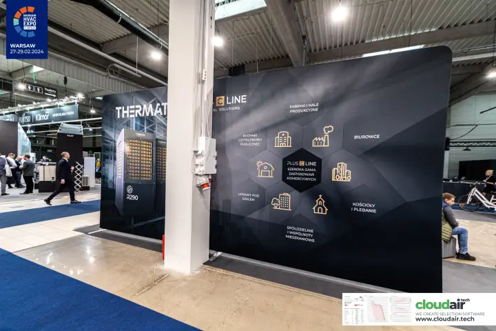 Thermatec Plus C Line wall with R290 outdoor unit graphic and application icons at Warsaw HVAC Expo 2024