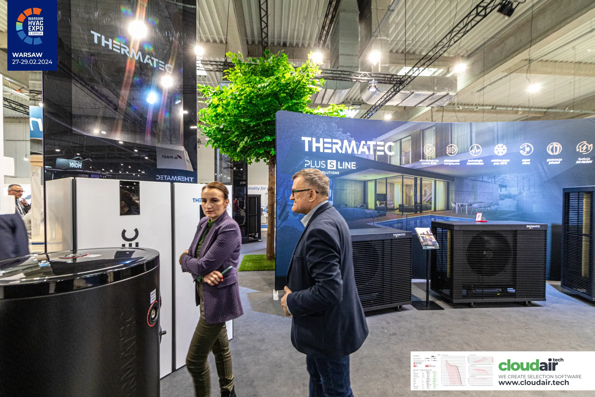 Thermatec Plus S Line backdrop with black heat pumps and storage tank at Warsaw HVAC Expo 2024