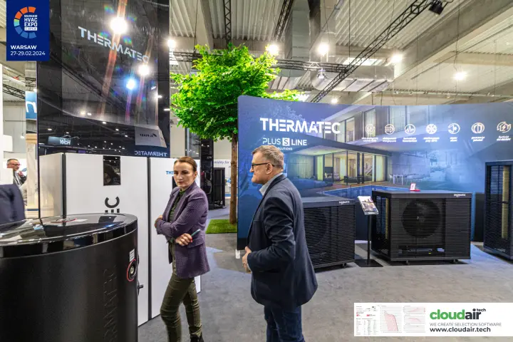 Thermatec Plus S Line backdrop with black heat pumps and storage tank at Warsaw HVAC Expo 2024