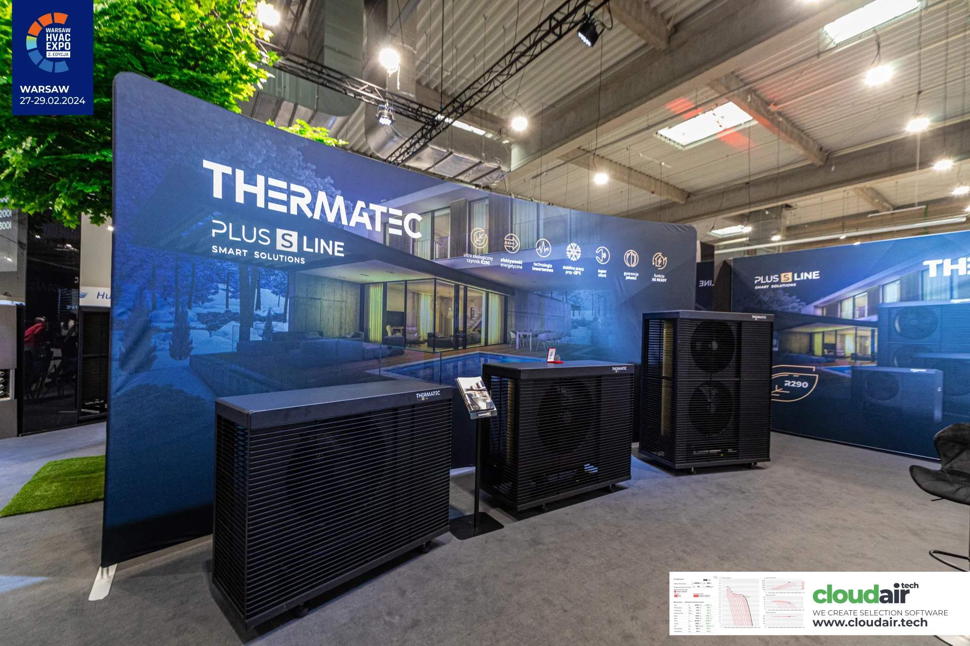 Thermatec Plus S Line heat pumps in front of a curved R290 backdrop at Warsaw HVAC Expo 2024