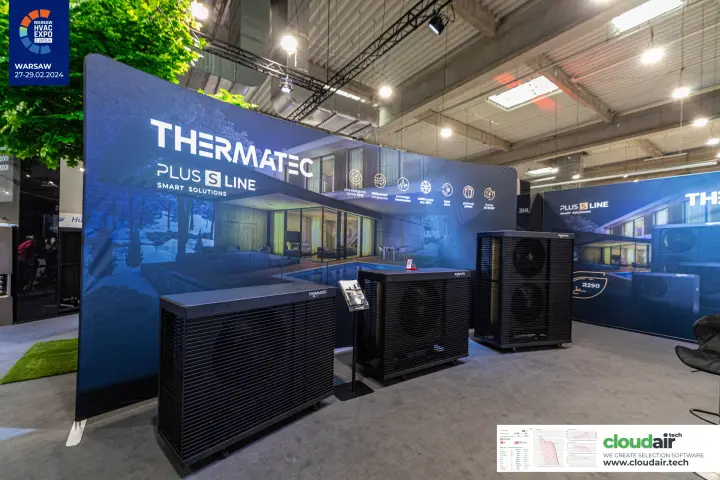 Thermatec Plus S Line heat pumps in front of a curved R290 backdrop at Warsaw HVAC Expo 2024