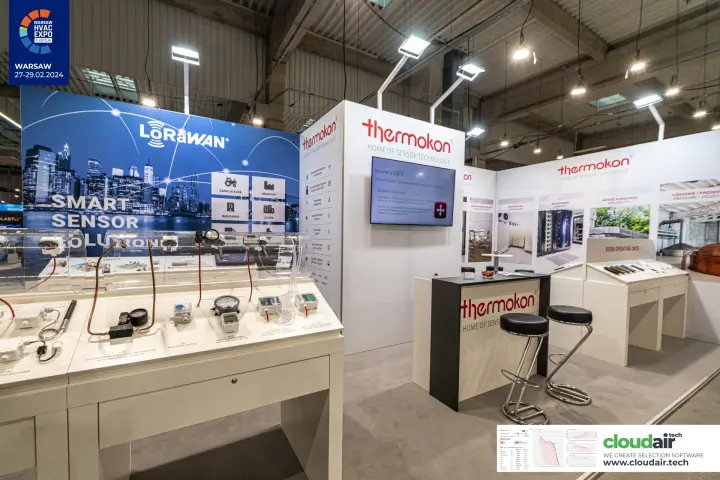 Thermokon stand with LoRaWAN wall and pressure sensor display table at Warsaw HVAC Expo 2024