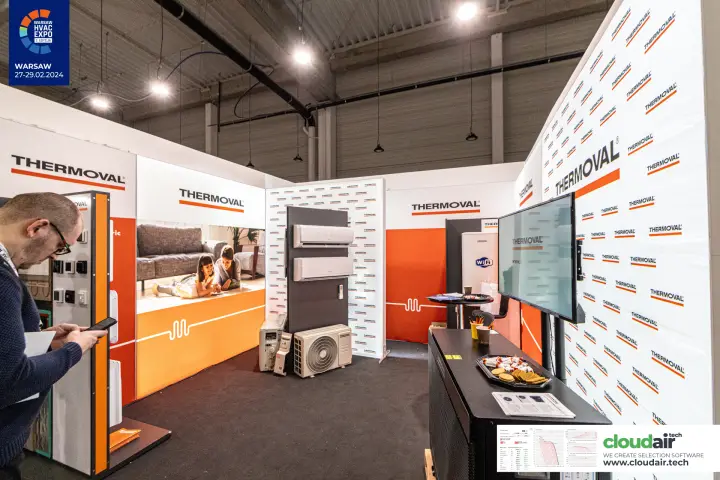 Thermoval stand with split air conditioners, thermostat tower and Wi-Fi unit at Warsaw HVAC Expo 2024