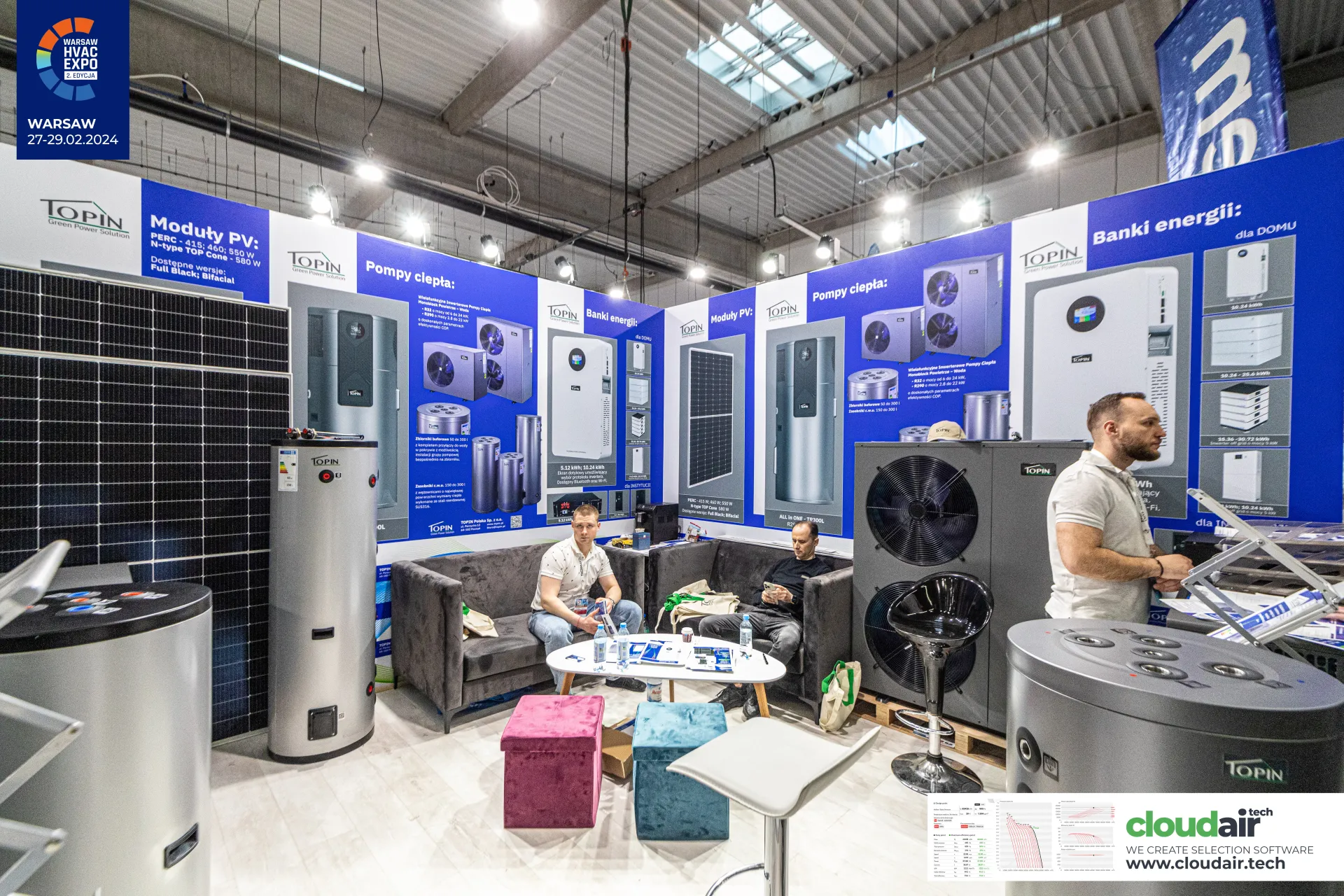 Topin lounge corner framed by heat pump and energy storage graphics at Warsaw HVAC Expo 2024