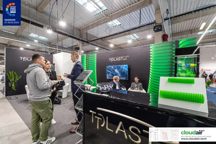 Tplast counter with metal lettering and green corrugated duct samples
