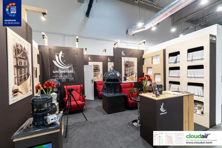 Uniwersal stand E1.02b with chimney cowls and red armchairs at Warsaw HVAC Expo 2024