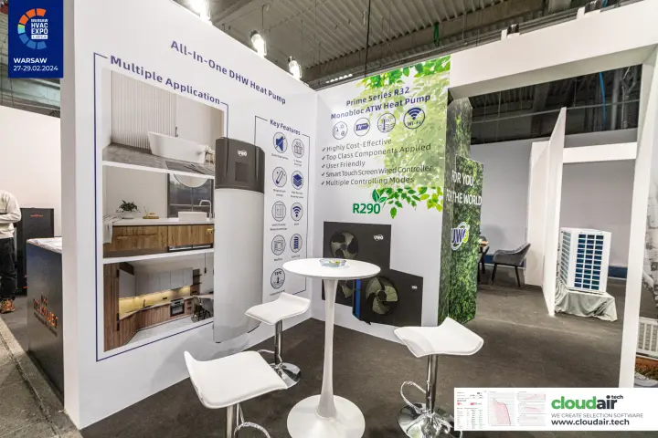 UWO all-in-one DHW heat pump and Prime Series monobloc graphics at Warsaw HVAC Expo 2024