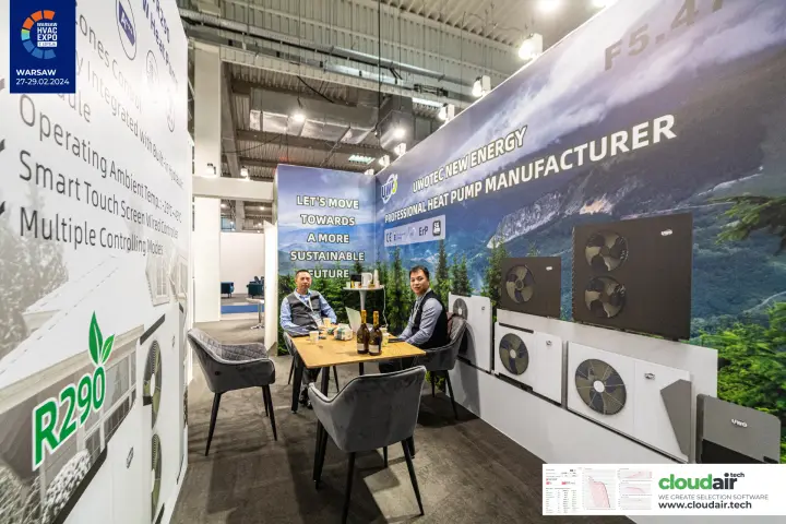 Uwotec stand F5.47 with R290 heat pumps and a forest-themed graphic wall at Warsaw HVAC Expo 2024
