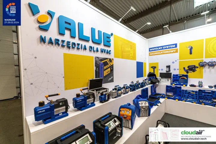 Value wall of vacuum pumps, recovery units and gauge sets in blue cases at Warsaw HVAC Expo 2024