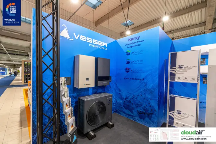 Vesser heat pump corner with outdoor unit and training course panel at Warsaw HVAC Expo 2024