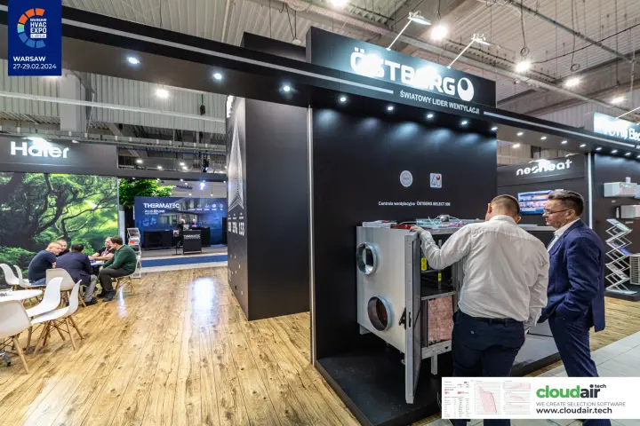 Visitors inspect the opened Östberg SELECT 500 unit next to the Haier lounge at Warsaw HVAC Expo 2024
