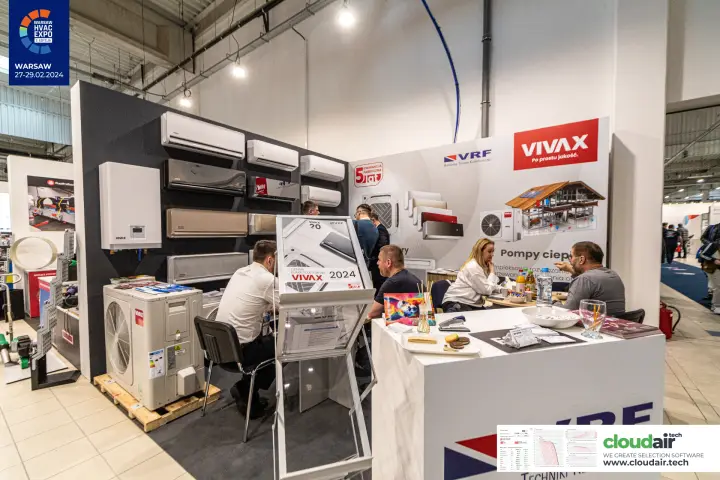 Vivax and VRF stand with a wall of split air conditioners and heat pumps at Warsaw HVAC Expo 2024