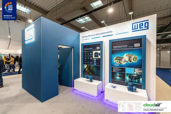 WEG motors on lit plinths under 'Driving efficiency and sustainability' at Warsaw HVAC Expo 2024