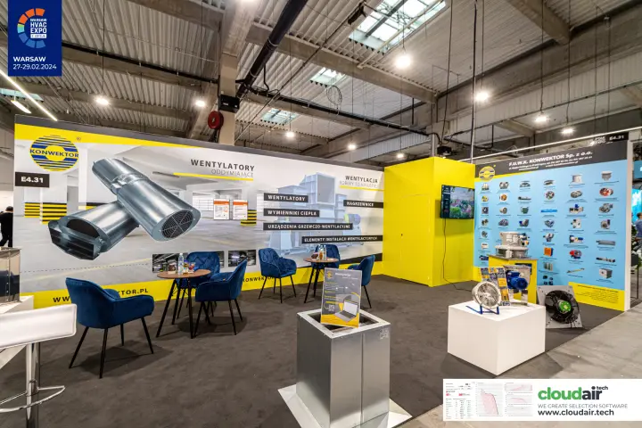 Wide view of the Konwektor stand with lounge and roof fan base at Warsaw HVAC Expo 2024