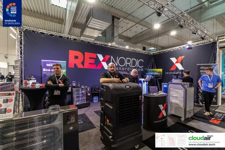Wide view of Rex Nordic stand with heater, coolers and air conditioners at Warsaw HVAC Expo 2024