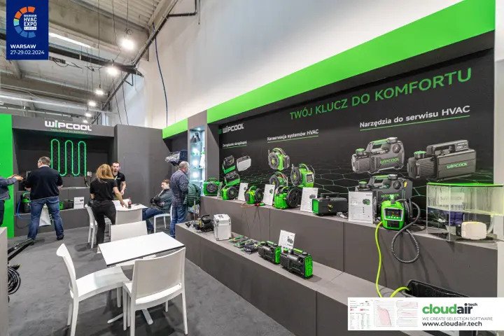 Wipcool stand with illuminated logo wall and HVAC service tool display at Warsaw HVAC Expo 2024