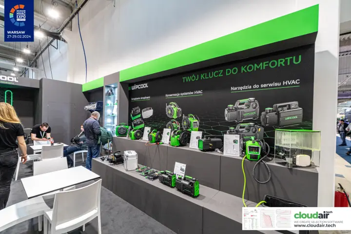Wipcool wall of vacuum pumps, maintenance reels and condensate pumps at Warsaw HVAC Expo 2024