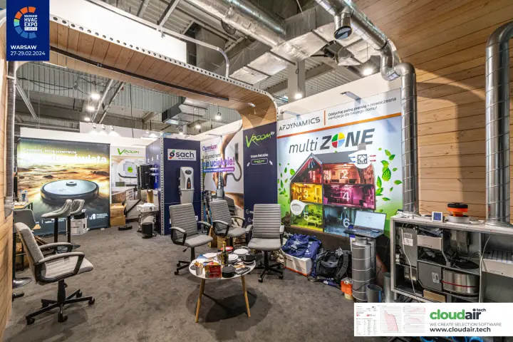 Wood-panelled stand with AFDynamics ventilation and Sach vacuum displays at Warsaw HVAC Expo 2024