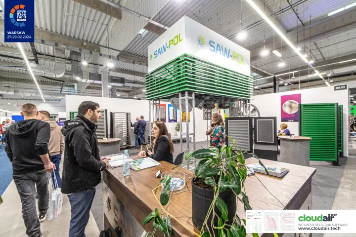 Wooden reception counter beneath the SAW-Pol louvre canopy at Warsaw HVAC Expo 2024