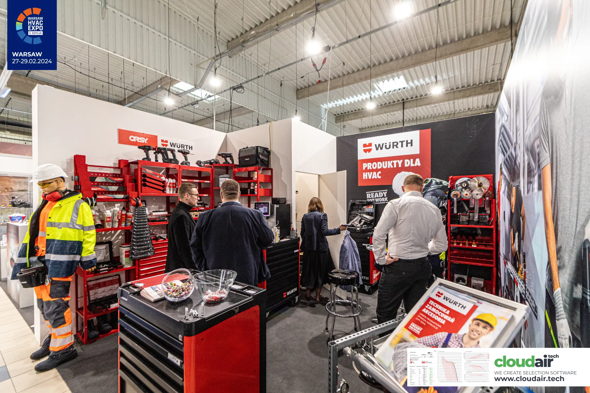 Würth and ORSY shelving with cordless tools and cutting discs at Warsaw HVAC Expo 2024