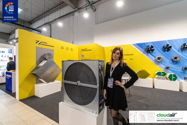 Zern Engineering rotary heat exchanger in front of the yellow stand wall at Warsaw HVAC Expo 2024