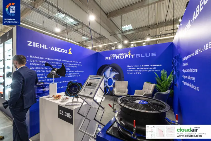 Ziehl-Abegg axial fan in front of RETROFITBLUE retrofit wall at Warsaw HVAC Expo 2024