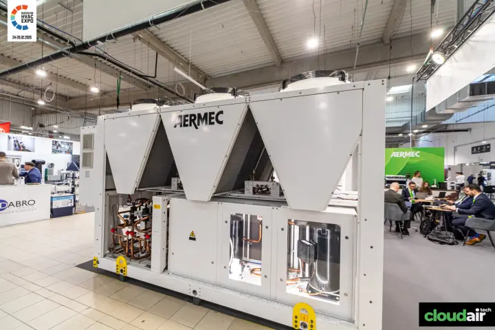 Aermec air-cooled chiller with V-shaped coils and visible compressors at Warsaw HVAC Expo 2026