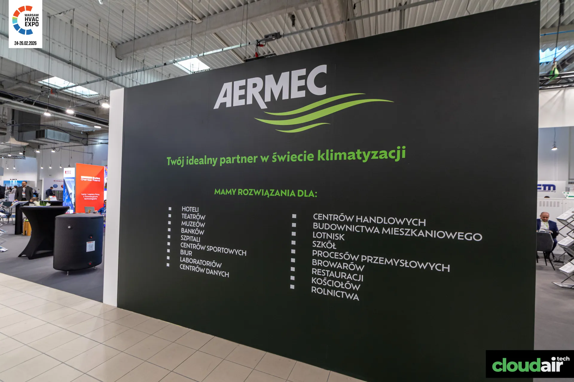 Aermec black wall listing the sectors it serves at Warsaw HVAC Expo 2026