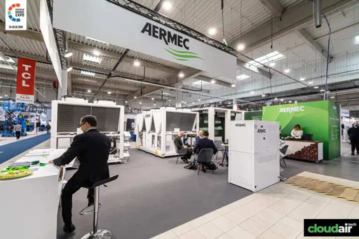 Aermec stand with air-cooled chillers, a cabinet unit and a hanging logo banner at Warsaw HVAC Expo 2026