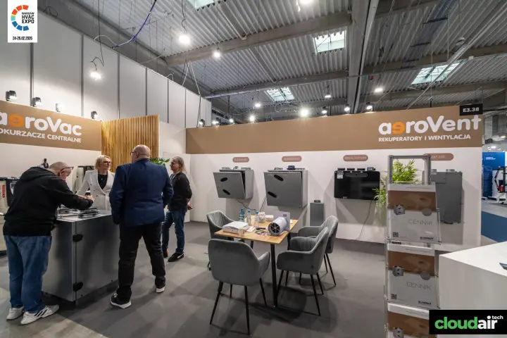 AeroVent recuperators on the wall beside the AeroVac central vacuum section at Warsaw HVAC Expo 2026