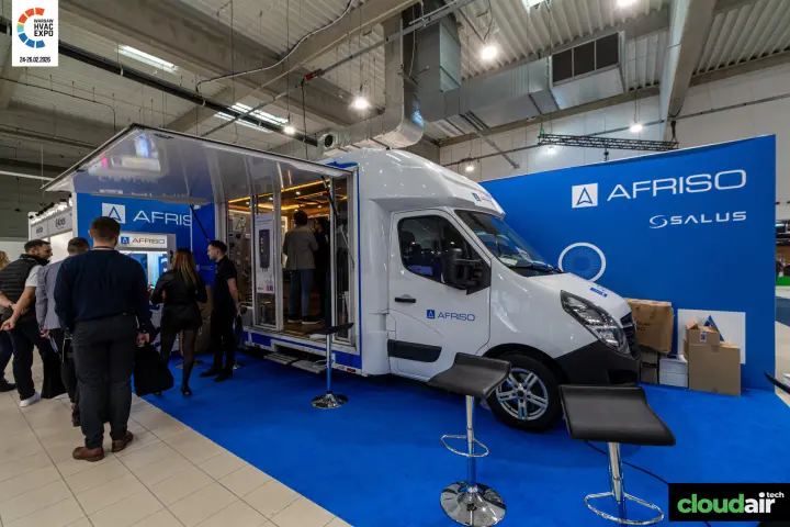 Afriso showroom van in front of an Afriso and Salus backdrop