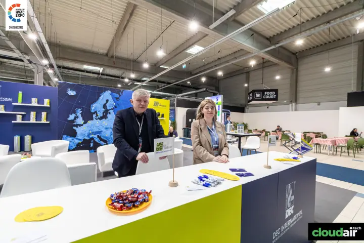 Air Spiralo and DEC International reception counter with Europe map wall at Warsaw HVAC Expo 2026