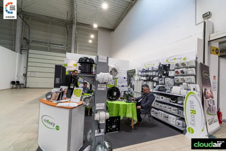 AirRoxy stand with duct fans, axial fans and a wall of vent grilles at Warsaw HVAC Expo 2026