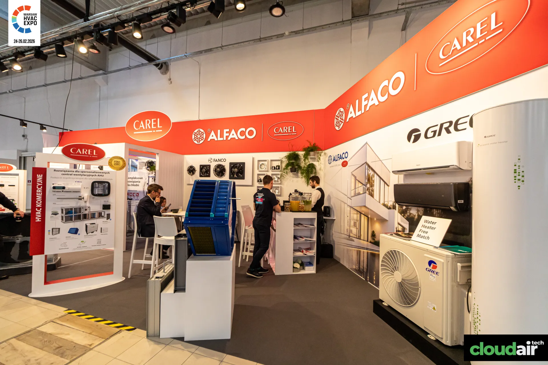 Alfaco and Carel stand with Gree split units and Fanco fans at Warsaw HVAC Expo 2026