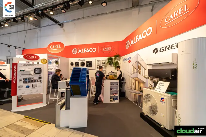 Alfaco and Carel stand with Gree split units and Fanco fans at Warsaw HVAC Expo 2026