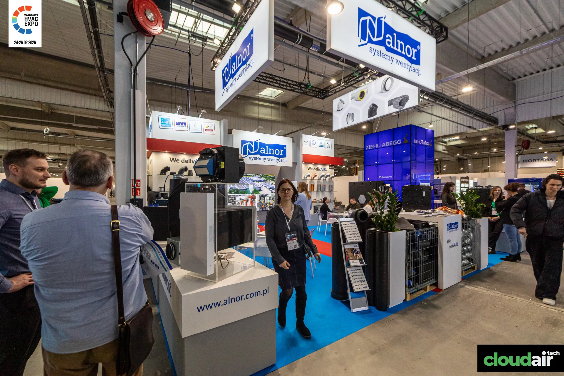 Alnor stand with suspended signs, duct fittings and the Ziehl-Abegg tower at Warsaw HVAC Expo 2026