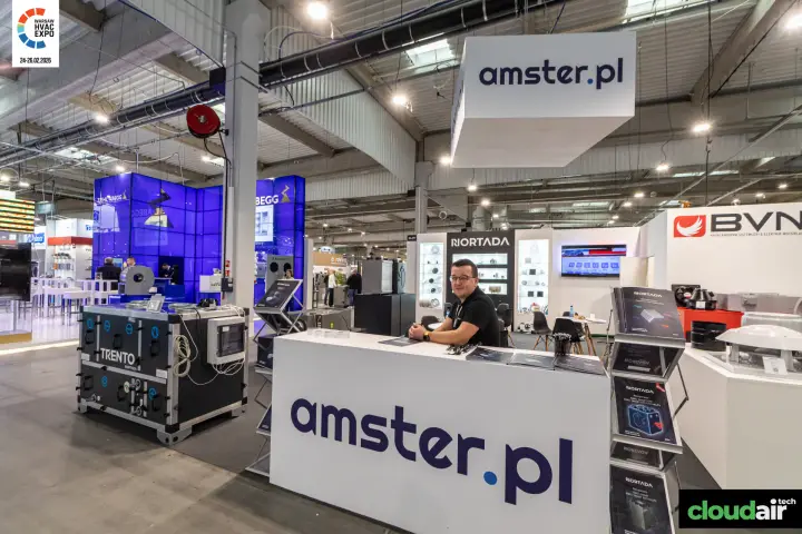 Amster counter with Nortada brochures and a Trento air handling unit at Warsaw HVAC Expo 2026