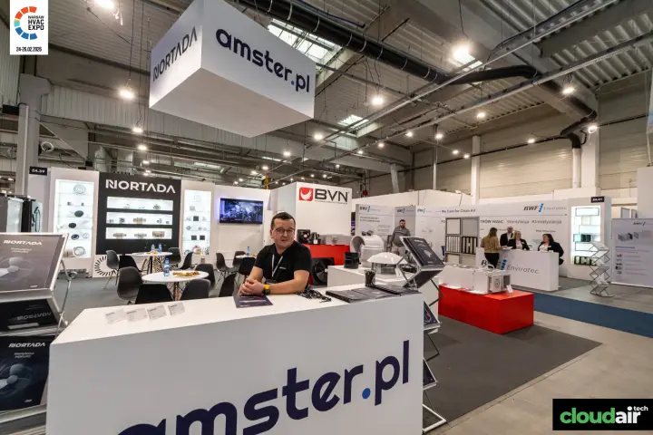 Amster counter with Nortada fan leaflets and the BVN stand behind at Warsaw HVAC Expo 2026