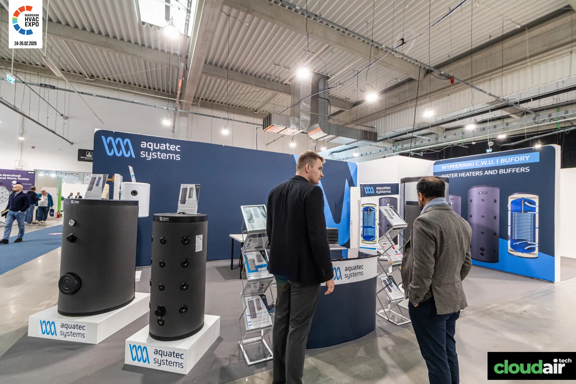 Aquatec Systems stand with insulated water heaters and buffer tanks at Warsaw HVAC Expo 2026
