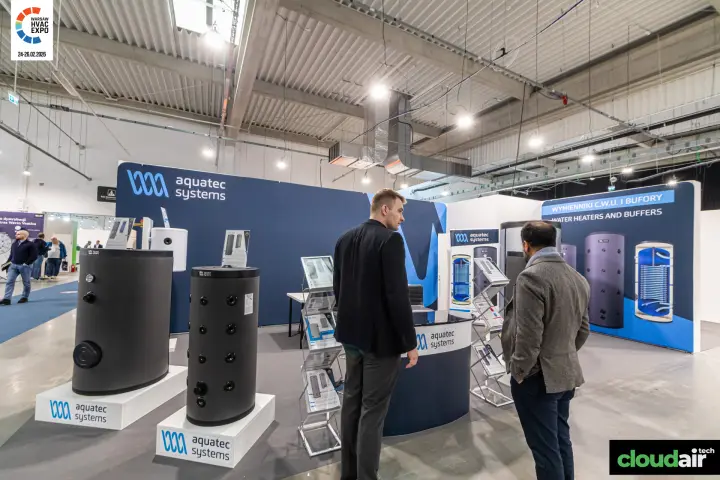 Aquatec Systems stand with insulated water heaters and buffer tanks at Warsaw HVAC Expo 2026