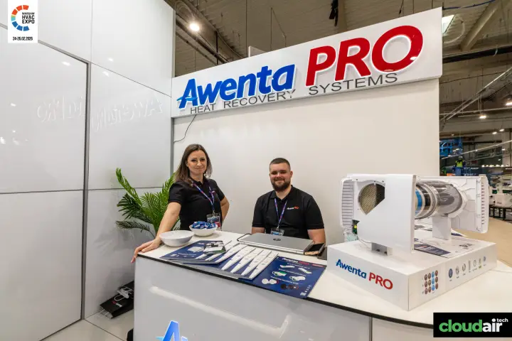 Awenta PRO counter with an opened wall-mounted heat recovery unit at Warsaw HVAC Expo 2026