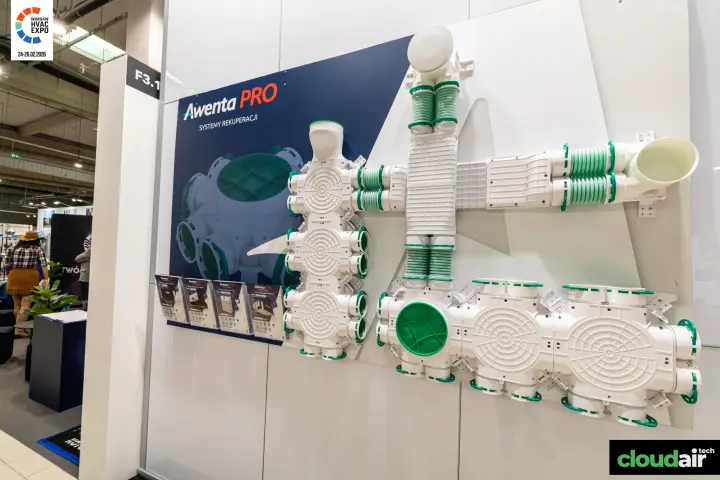 Awenta PRO recuperation duct system with plenum boxes on a stand wall at Warsaw HVAC Expo 2026