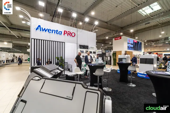 Awenta PRO stand with heat recovery unit in the foreground and high tables at Warsaw HVAC Expo 2026