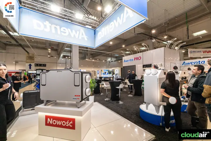 Awenta stand with new Arius 405 unit and heat recovery display podiums at Warsaw HVAC Expo 2026
