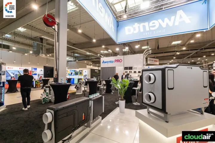 Awenta stand with "Since 1989" suspended banner and heat recovery units at Warsaw HVAC Expo 2026
